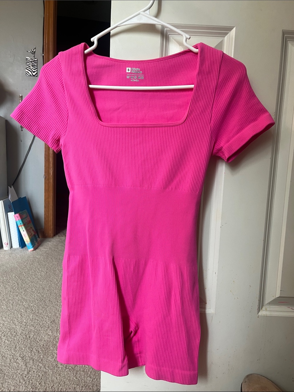 Women's Square Neck Short Sleeve Romper - Hot Pink
